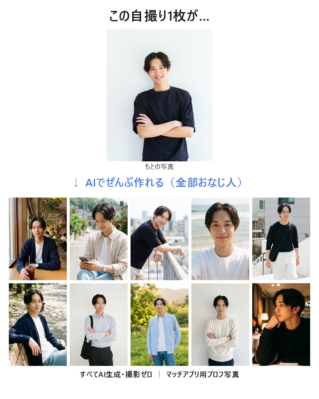 自撮り1枚からシーン別プロフ写真を生成したビフォーアフター